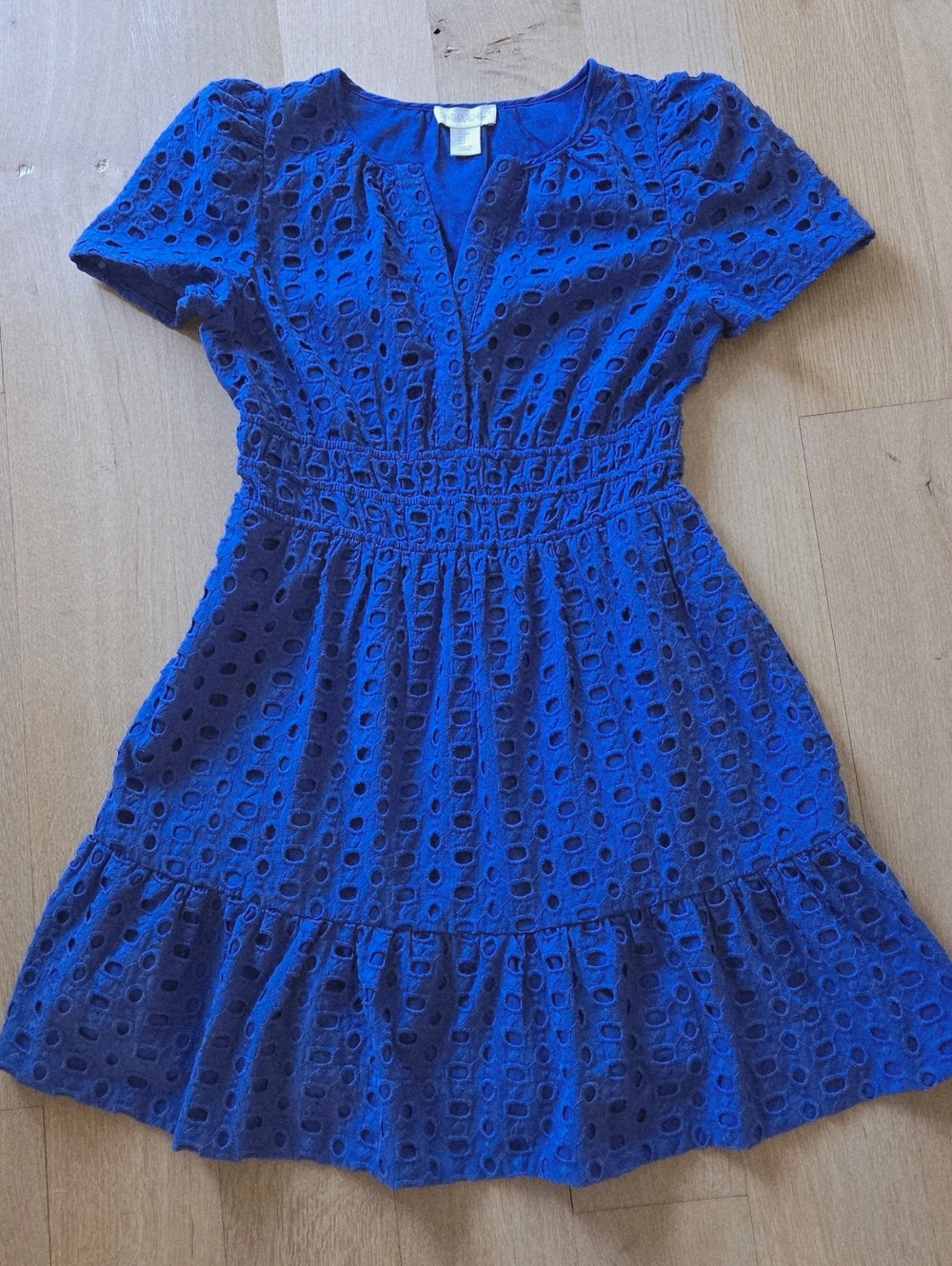 Cynthia Rowley Blue Eyelet Cotton Fit Flare Dress Lined S Pockets Wedding Guest